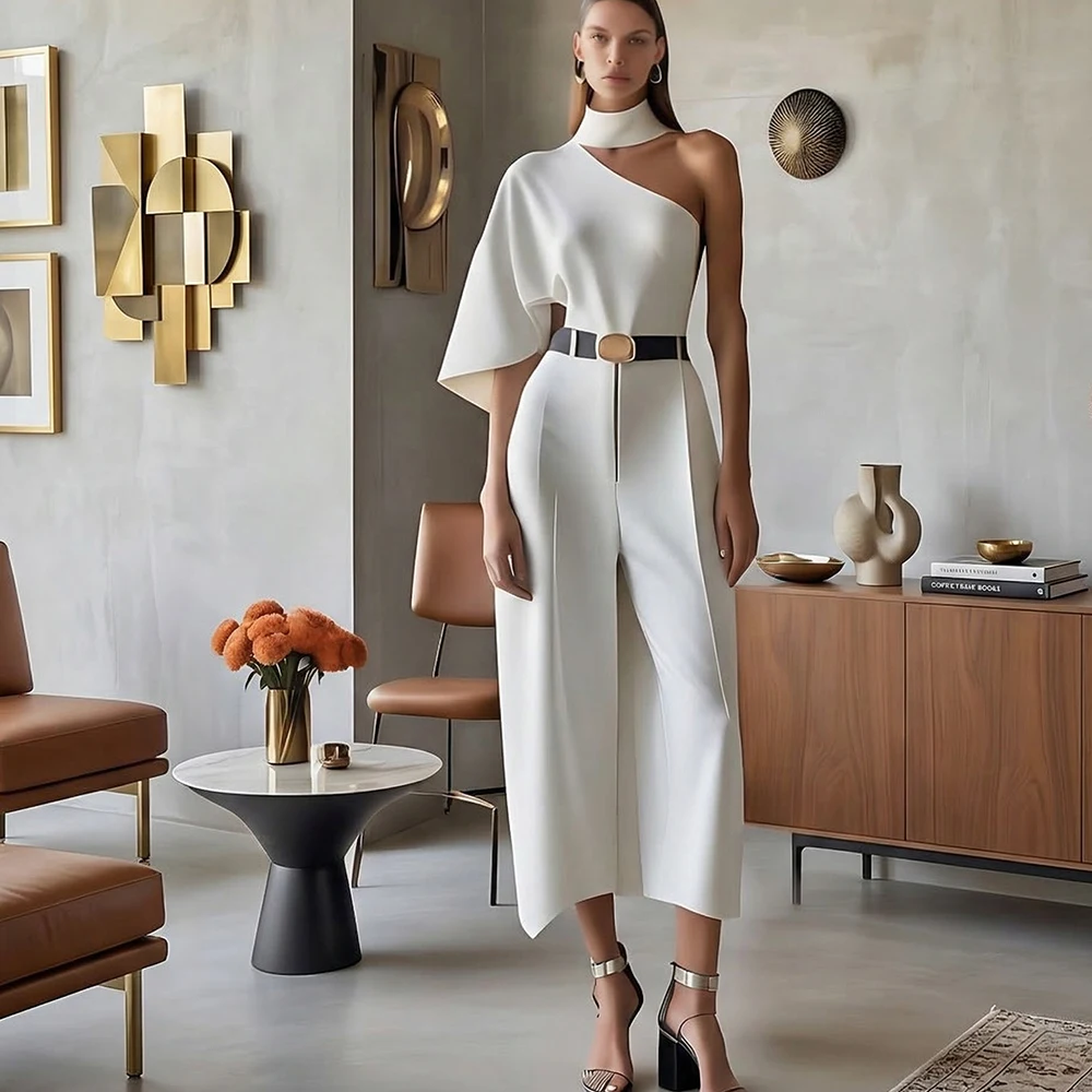 Women's White One Shoulder Jumpsuit Halter Neck Cape Sleeve High Waist Rompers Split Culottes Formal Office Wear Outfit
Women's White One Shoulder Jumpsuit Halter Neck Cape Sleeve High Waist Rompers Split Culottes Formal Office Wear Outfit