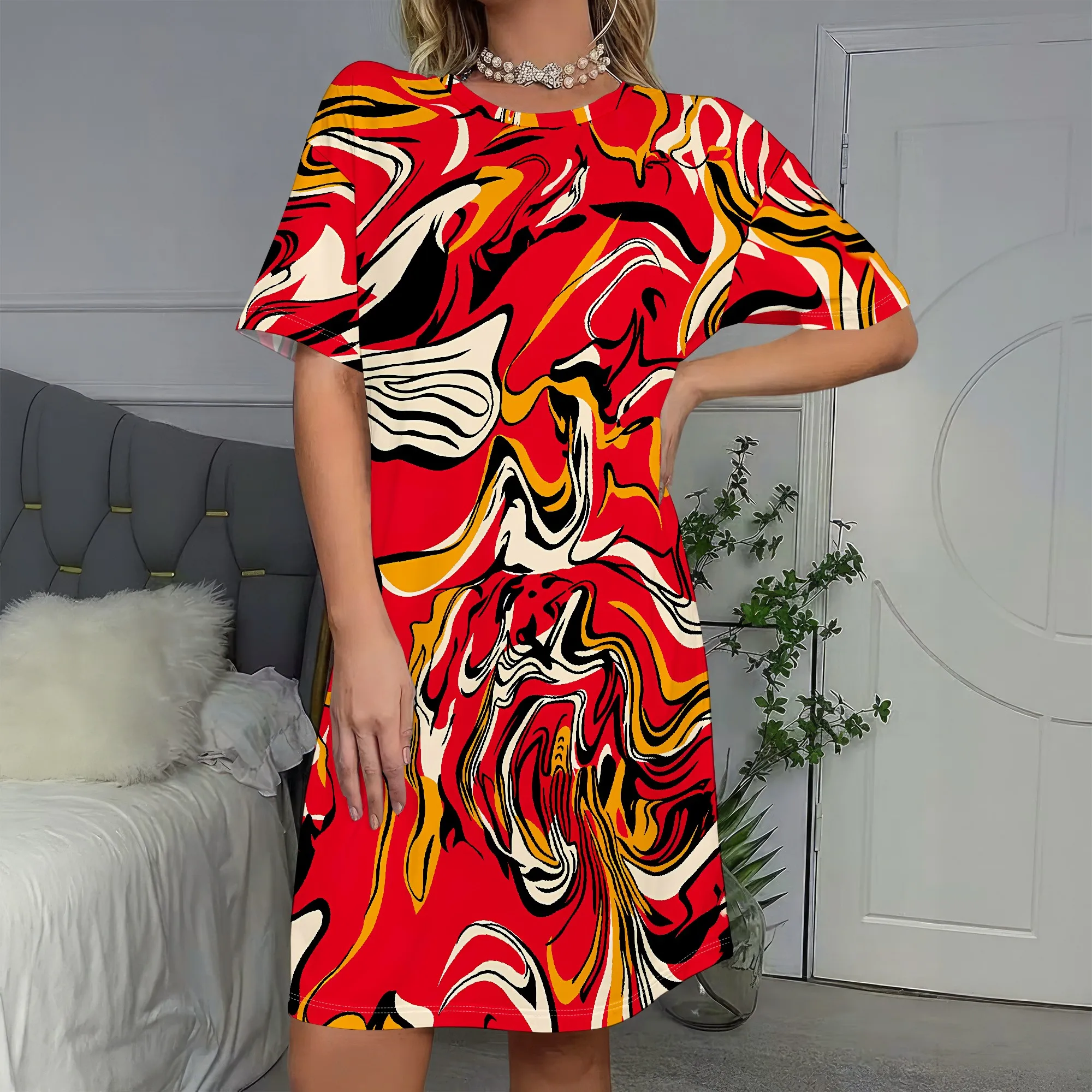 Bold Print, Short Sleeve Dress, Red Abstract Pattern, Swirl Design, Summer Casual Wear, Women's Fashion, S-2XL
Bold Print, Short Sleeve Dress, Red Abstract Pattern, Swirl Design, Summer Casual Wear, Women's Fashion, S-2XL