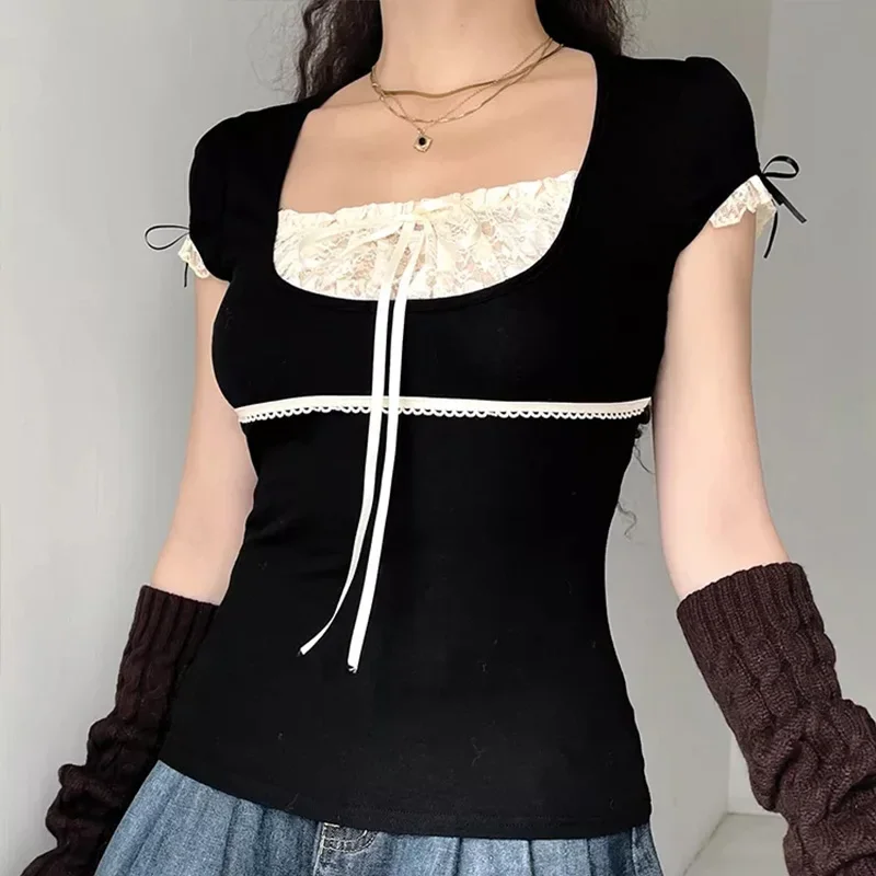 Y2k Lace Trim Crop Top Bow Cute Sweet Tee Short Sleeve Harajuku Casual T Shirt Women Prepply Retro Korean Top Summer
Y2k Lace Trim Crop Top Bow Cute Sweet Tee Short Sleeve Harajuku Casual T Shirt Women Prepply Retro Korean Top Summer