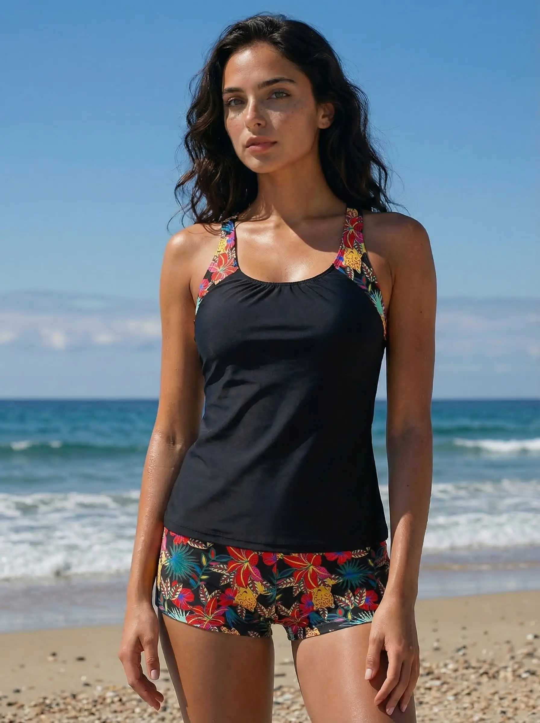 Tropical Contrast Tankini! Women's Black Floral Patchwork Swimwear - Ruched Scoop Neck Top, High Waist Boy Shorts, Modest Two-Pi
Tropical Contrast Tankini! Women's Black Floral Patchwork Swimwear - Ruched Scoop Neck Top, High Waist Boy Shorts, Modest Two-Pi