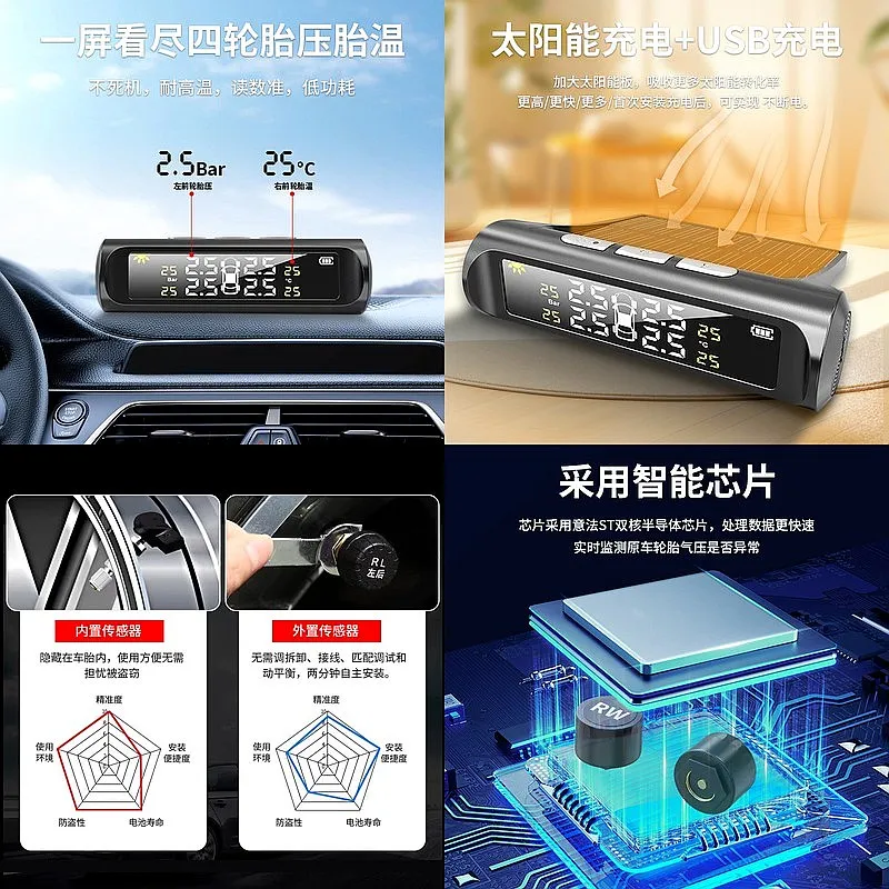 Solar-powered TPMS wireless tire pressure monitoring system with color display for automotive applications
Solar-powered TPMS wireless tire pressure monitoring system with color display for automotive applications