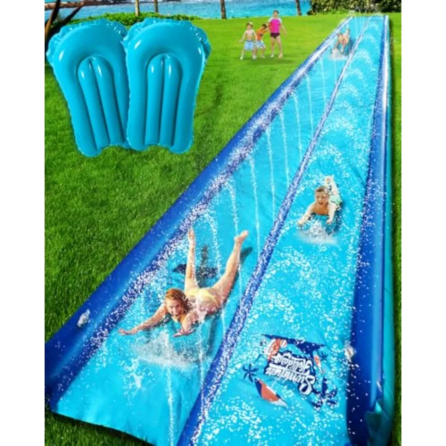Backyard slip and water slide for kids and adults, heavy-duty inflatable blue shark theme with sprinkler and bodyboards, 2-lane
Backyard slip and water slide for kids and adults, heavy-duty inflatable blue shark theme with sprinkler and bodyboards, 2-lane