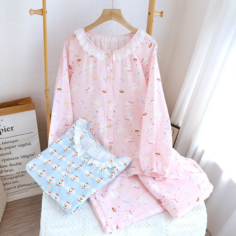 Nüitvelle Double-layer Cotton Gauze Pajamas Women's Long-sleeved Lace Sweet Cute Cartoon Cardigan with Buttons Thin Loungewear
Nüitvelle Double-layer Cotton Gauze Pajamas Women's Long-sleeved Lace Sweet Cute Cartoon Cardigan with Buttons Thin Loungewear