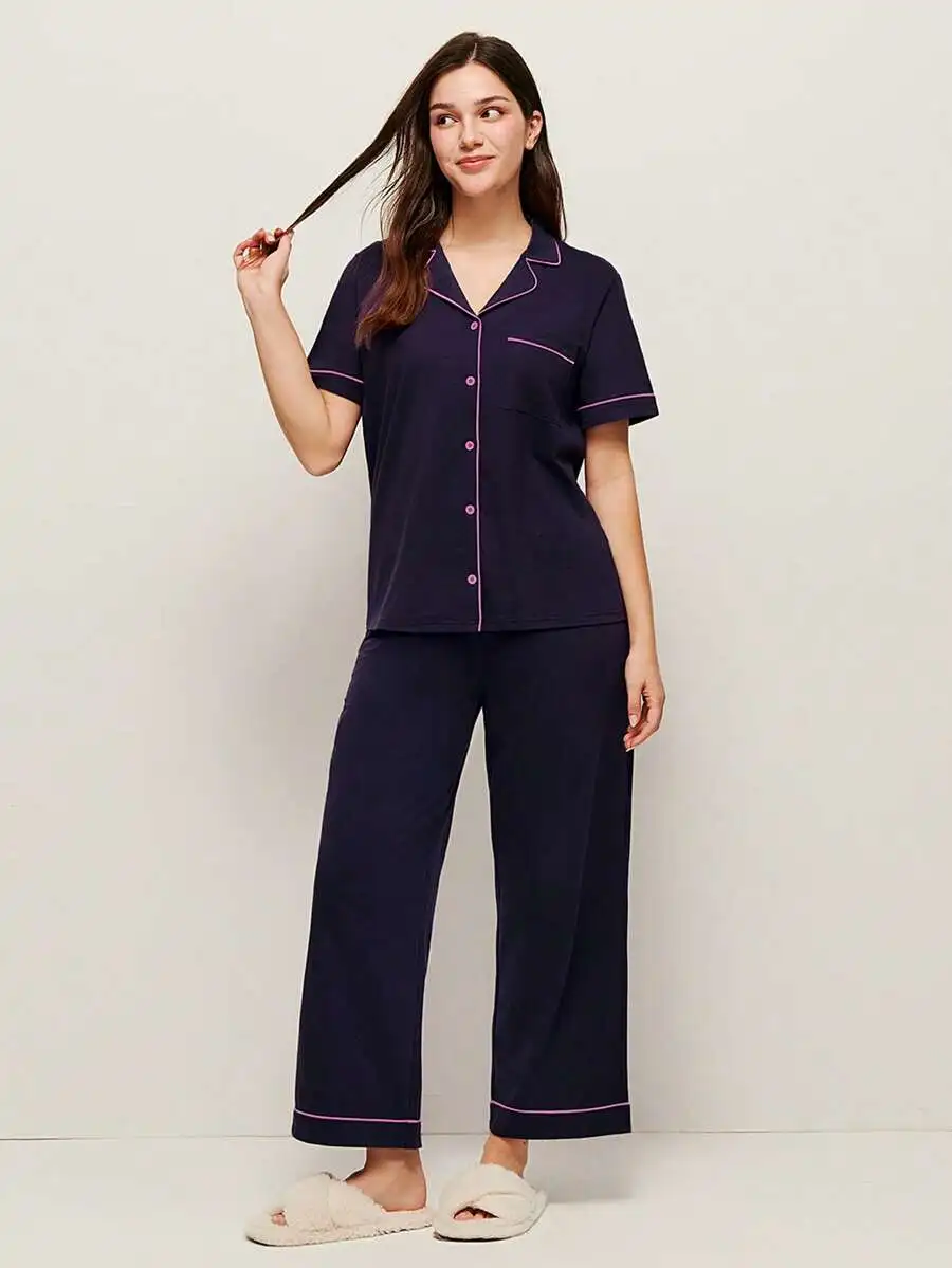 Soft 100% Cotton Contrast Trim Short Sleeve Button Up Pajama Set For Women
Soft 100% Cotton Contrast Trim Short Sleeve Button Up Pajama Set For Women