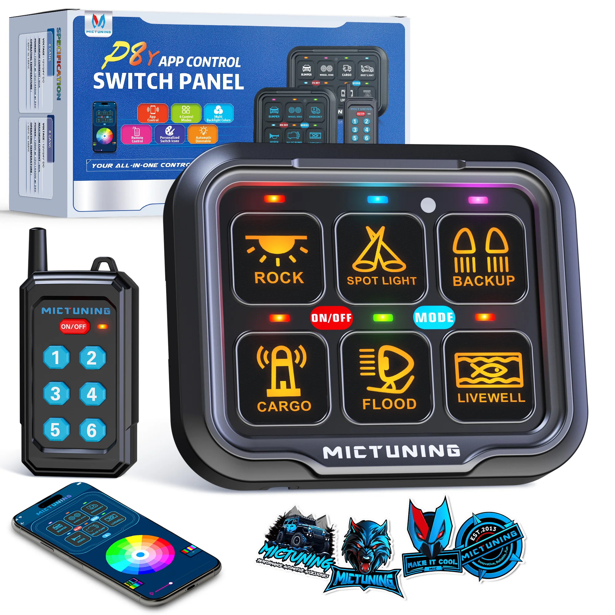 MICTUNING P8Y Ultra Switch Panel 6 Gang Wireless App & 230FT Remote Control, Auto Dimmable RGB Colors Circuit Box Toggle Switch
MICTUNING P8Y Ultra Switch Panel 6 Gang Wireless App & 230FT Remote Control, Auto Dimmable RGB Colors Circuit Box Toggle Switch