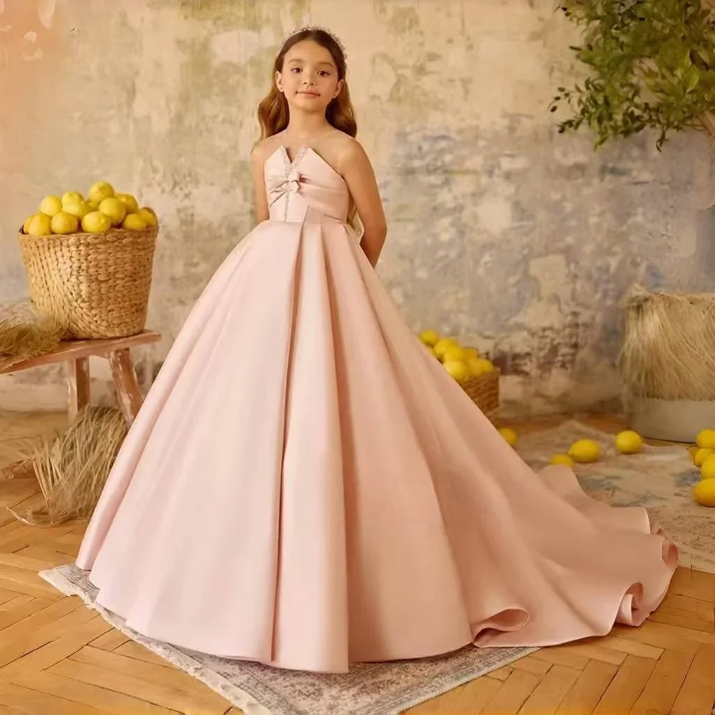 Pink Flower Girl Dress Satin Ball Gown Strapless Bow Detail Wedding Gown First Christmas Party Dress With Train For Girlsفسا
Pink Flower Girl Dress Satin Ball Gown Strapless Bow Detail Wedding Gown First Christmas Party Dress With Train For Girlsفسا