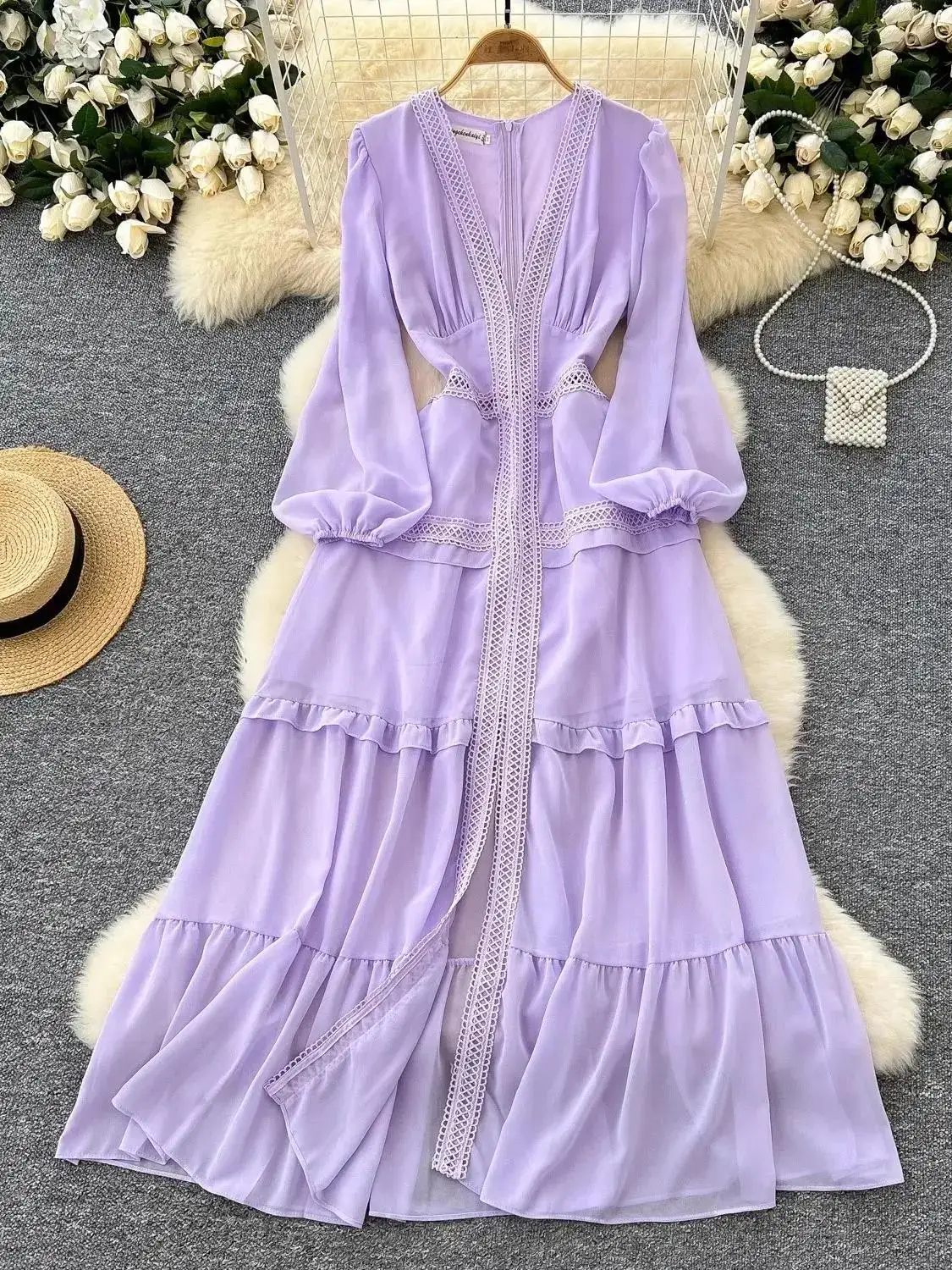 Spring Sexy Chiffon Spliced Hollow Out Ruffles Split Maxi Dress Women Clothing V Neck Long Sleeve Evening Party Robe Vestidos
Spring Sexy Chiffon Spliced Hollow Out Ruffles Split Maxi Dress Women Clothing V Neck Long Sleeve Evening Party Robe Vestidos