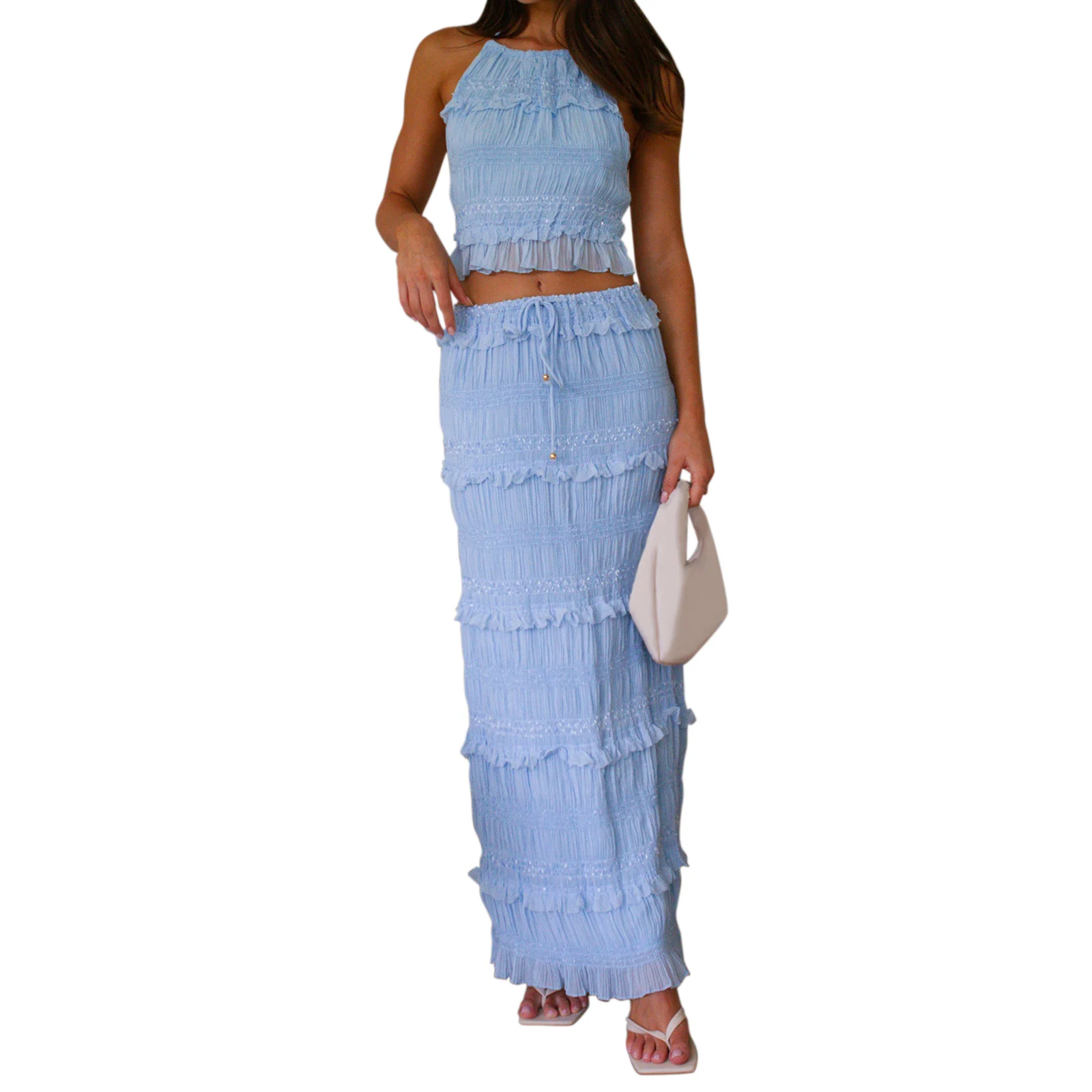 Women Summer Outfit Shirred Tie-up Halter Neck Sleeveless Open Black Tank Tops Drawstring Long Skirt 2 Pcs Set
Women Summer Outfit Shirred Tie-up Halter Neck Sleeveless Open Black Tank Tops Drawstring Long Skirt 2 Pcs Set