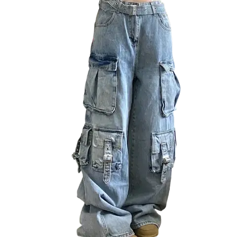 Jean Cargo pour femme, pantalon Cargo Baggy, Style de rue américain, bleu, multi-poches, jambes larges, nouvelle collection automne hiver