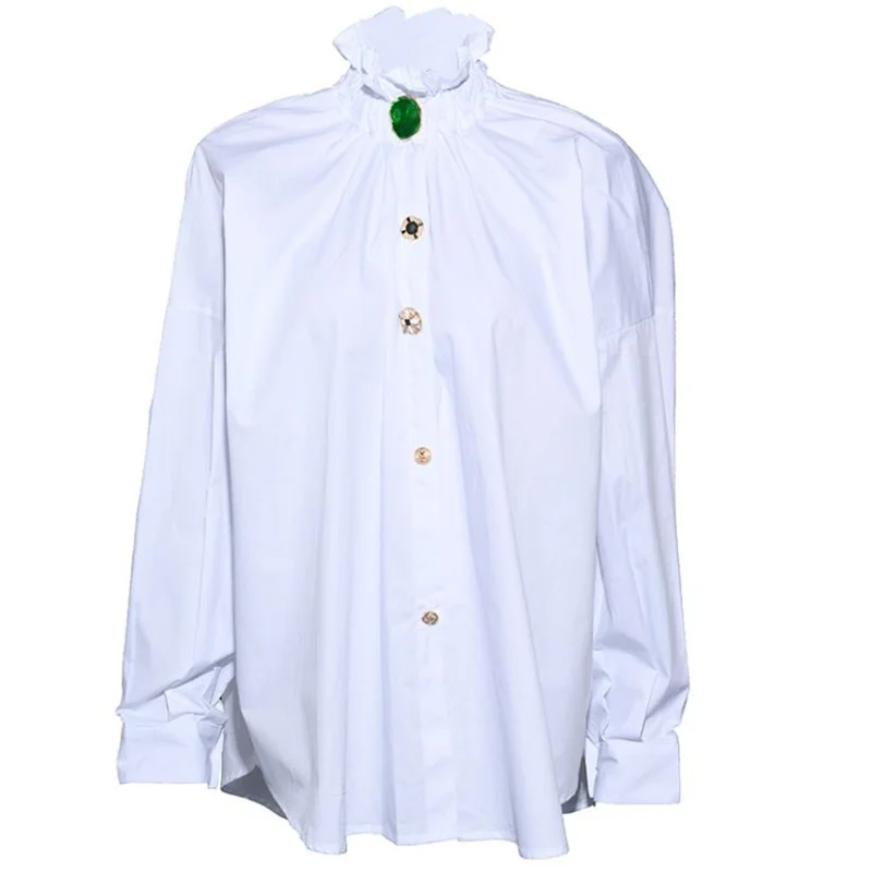 Fashion tops new single-breasted stand-up collar lantern sleeves solid color loose casual shirt women's
Fashion tops new single-breasted stand-up collar lantern sleeves solid color loose casual shirt women's