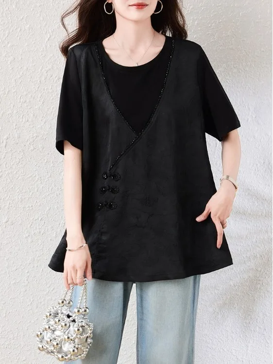 New Chinese Style Button up Loose Casual Short Sleeve T-Shirt plus Size Women's Clothing Belly Covering Slimming Summer Top
New Chinese Style Button up Loose Casual Short Sleeve T-Shirt plus Size Women's Clothing Belly Covering Slimming Summer Top