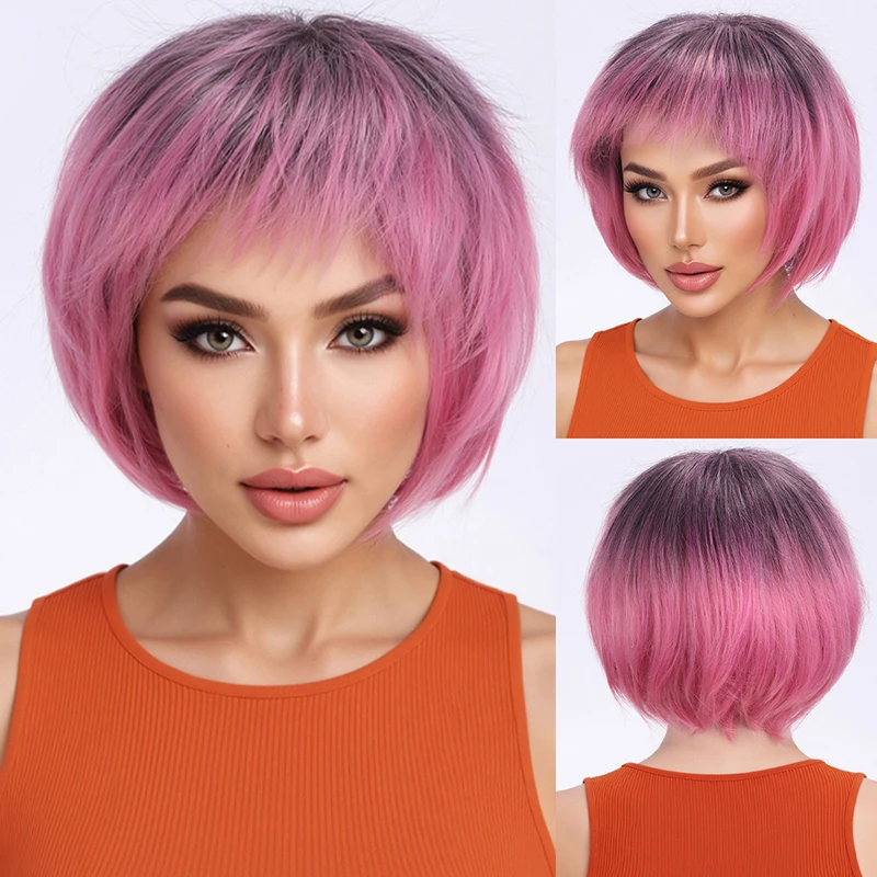 Female wig with bangs, fluffy short hair, gradient pink, short straight hair-Synthetic fiber wig
Female wig with bangs, fluffy short hair, gradient pink, short straight hair-Synthetic fiber wig