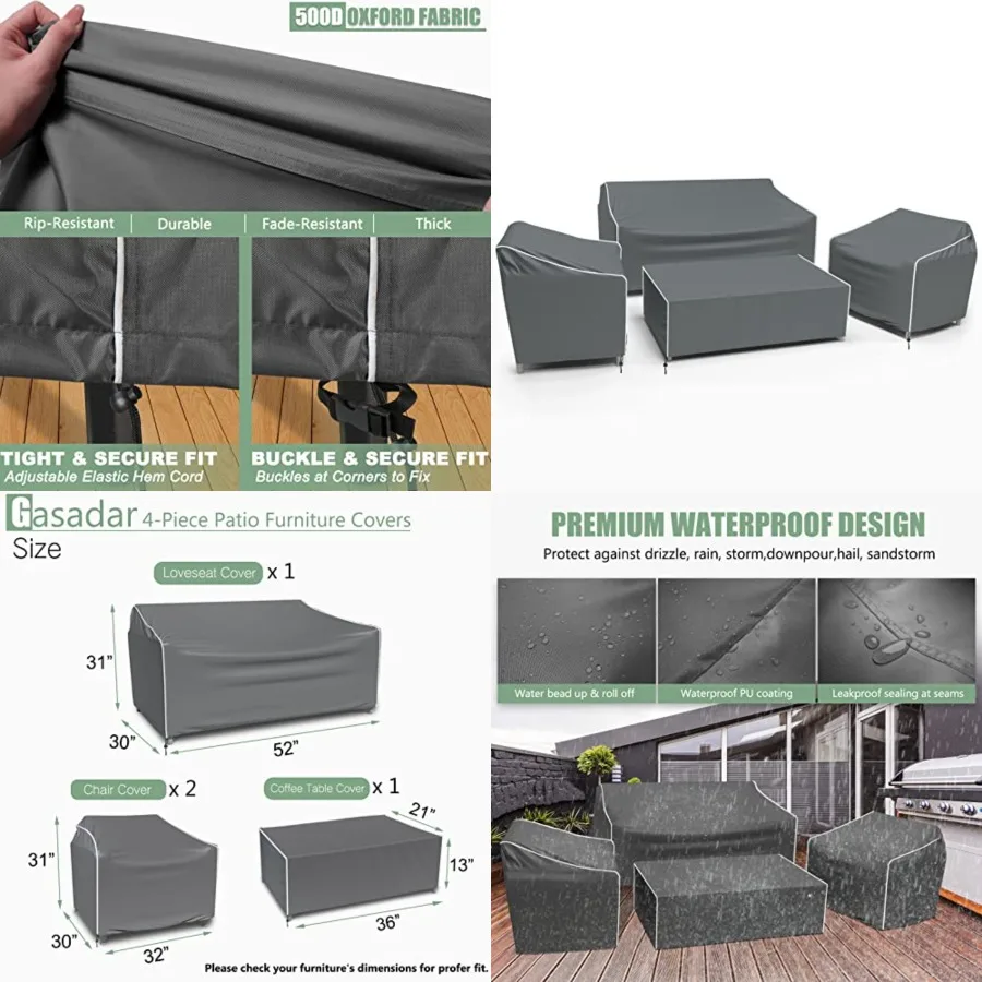 Patio Furniture Cover 4-Piece Set, Heavy Dut 600D Outdoor Furniture Cover Waterproof for Lawn Patio Chairs, Loveseat and Coffe
Patio Furniture Cover 4-Piece Set, Heavy Dut 600D Outdoor Furniture Cover Waterproof for Lawn Patio Chairs, Loveseat and Coffe