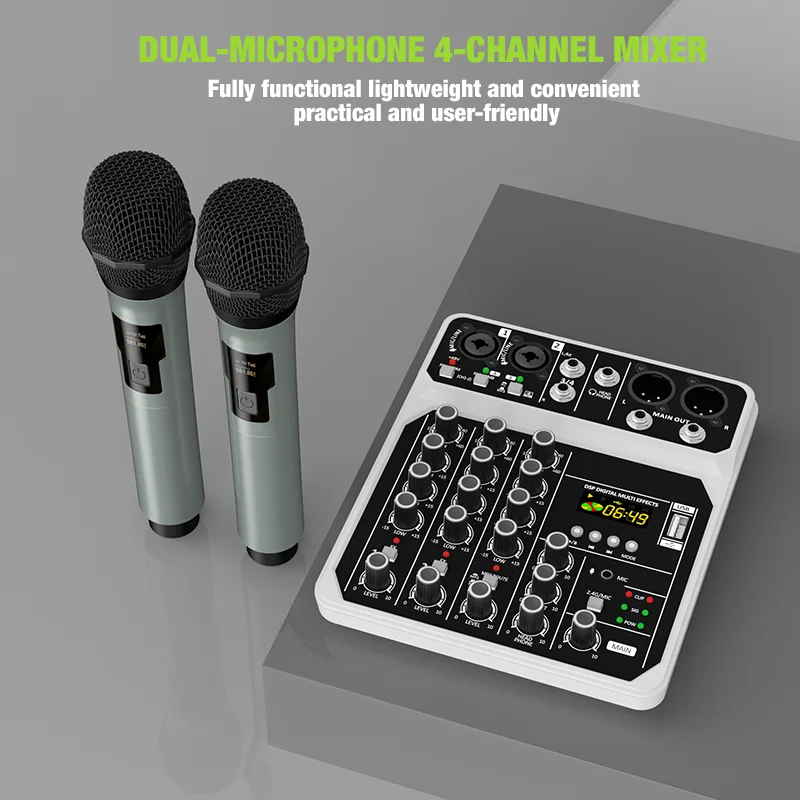 4-Channel Audio Mixer Console with Wireless Microphone Kit Bluetooth USB Audio Interface,for DJ Karaoke PC Guitar
4-Channel Audio Mixer Console with Wireless Microphone Kit Bluetooth USB Audio Interface,for DJ Karaoke PC Guitar