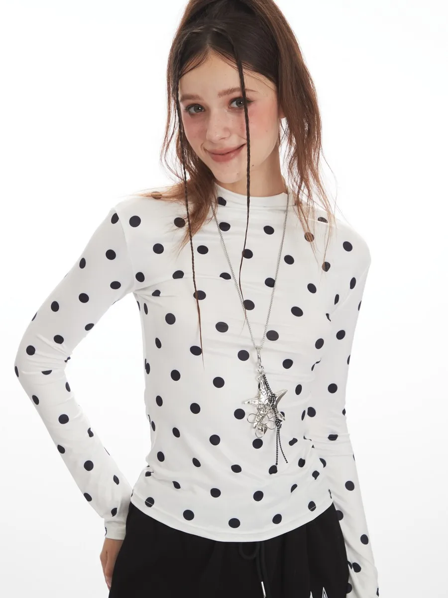 Ретро горошек с принтом и круглым вырезом, облегающие базовые зимне-осенние боди, футболки для фитнеса, элегантные топы с длинными рукавами для женщин и девочек 
Ретро горошек с принтом и круглым вырезом, облегающие базовые зимне-осенние боди, футболки для фитнеса, элегантные топы с длинными рукавами для женщин и девочек