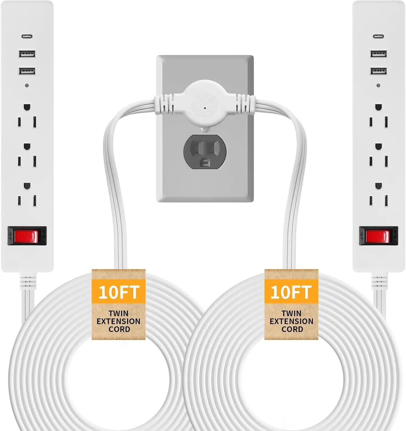 20ft Twin Extension Cord with 6 Outlets & 6 USB Ports, Flat Plug, Surge Protection
20ft Twin Extension Cord with 6 Outlets & 6 USB Ports, Flat Plug, Surge Protection