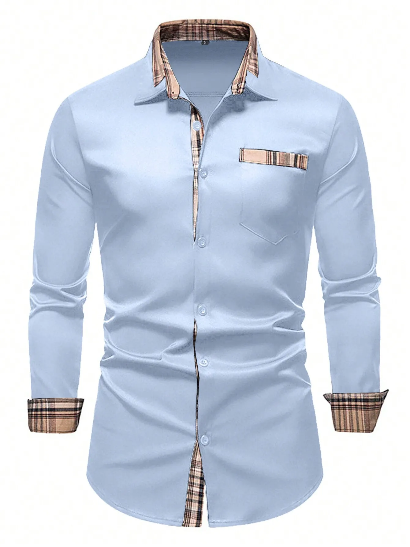 Men's Light Blue Casual Button-Down Shirt with Plaid Trim Collar Cuffs Pocket
Men's Light Blue Casual Button-Down Shirt with Plaid Trim Collar Cuffs Pocket