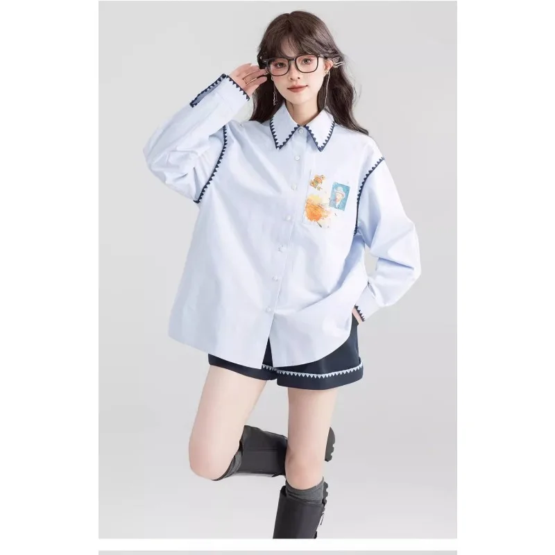 Women's French Blue Oversized Shirt Shell Stitching & Van Gogh Print
Women's French Blue Oversized Shirt Shell Stitching & Van Gogh Print