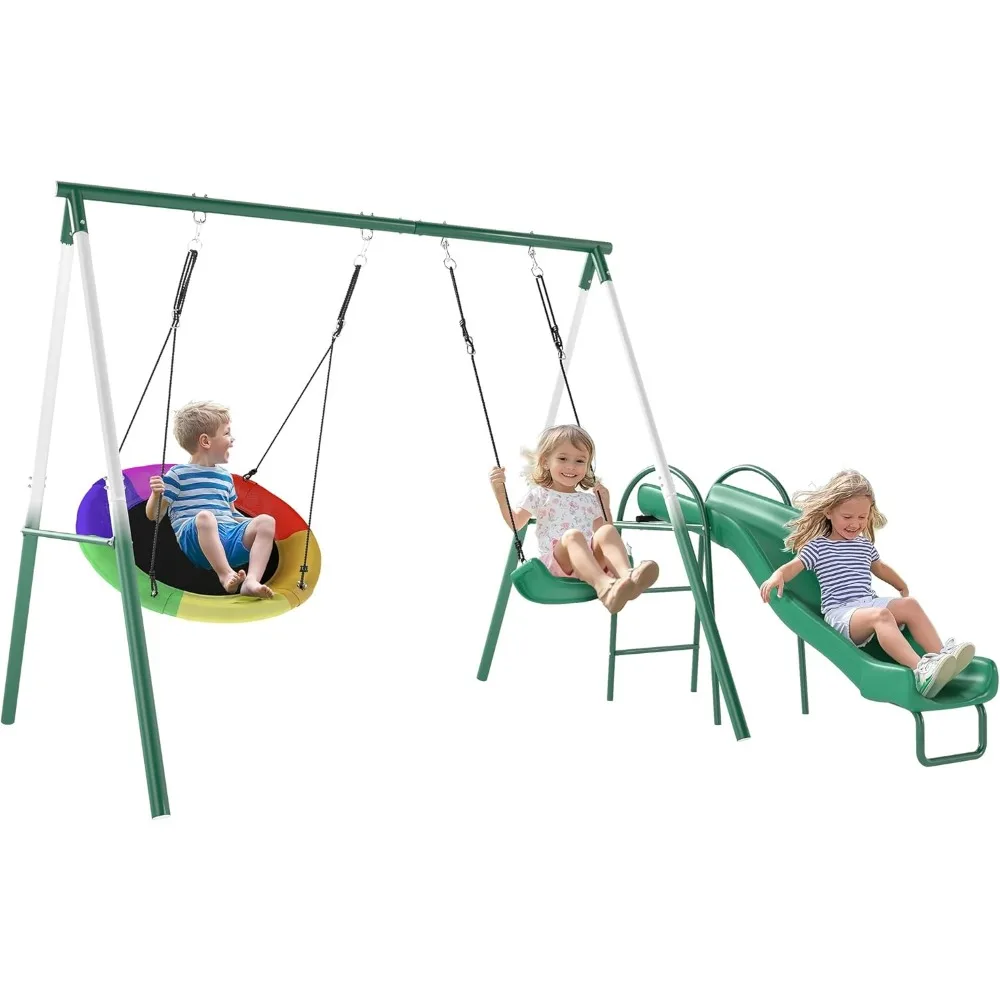 Backyard Swing Set with Adjustable Seat and Saucer Swing, 5-Foot Slide, Heavy-Duty A-Frame Metal Stand, Outdoor Playground Equip
Backyard Swing Set with Adjustable Seat and Saucer Swing, 5-Foot Slide, Heavy-Duty A-Frame Metal Stand, Outdoor Playground Equip