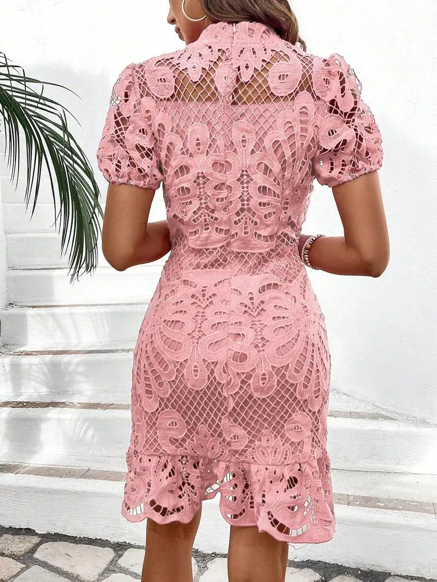 Elegant Pink Lace Empire Waist Dress For Vacation Beach Outfit
Elegant Pink Lace Empire Waist Dress For Vacation Beach Outfit