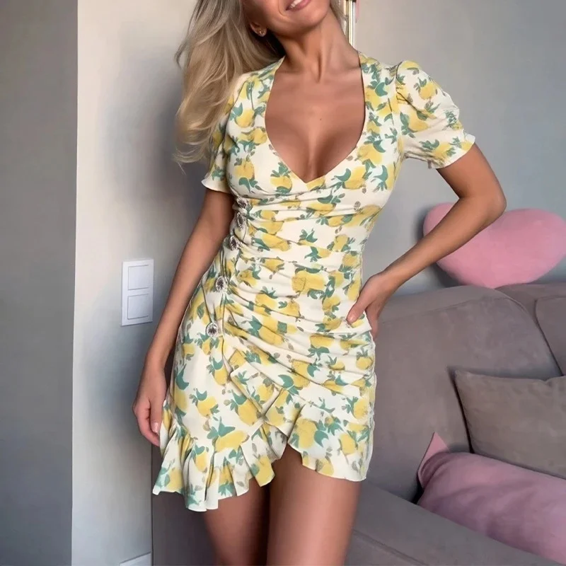 Women Chic Floral Print Bodycon Dress Holiday v-neck Pleated Patchwork Flared Sleeve Ruffle 2026 Summer Casual Latest Vestidos
Women Chic Floral Print Bodycon Dress Holiday v-neck Pleated Patchwork Flared Sleeve Ruffle 2026 Summer Casual Latest Vestidos