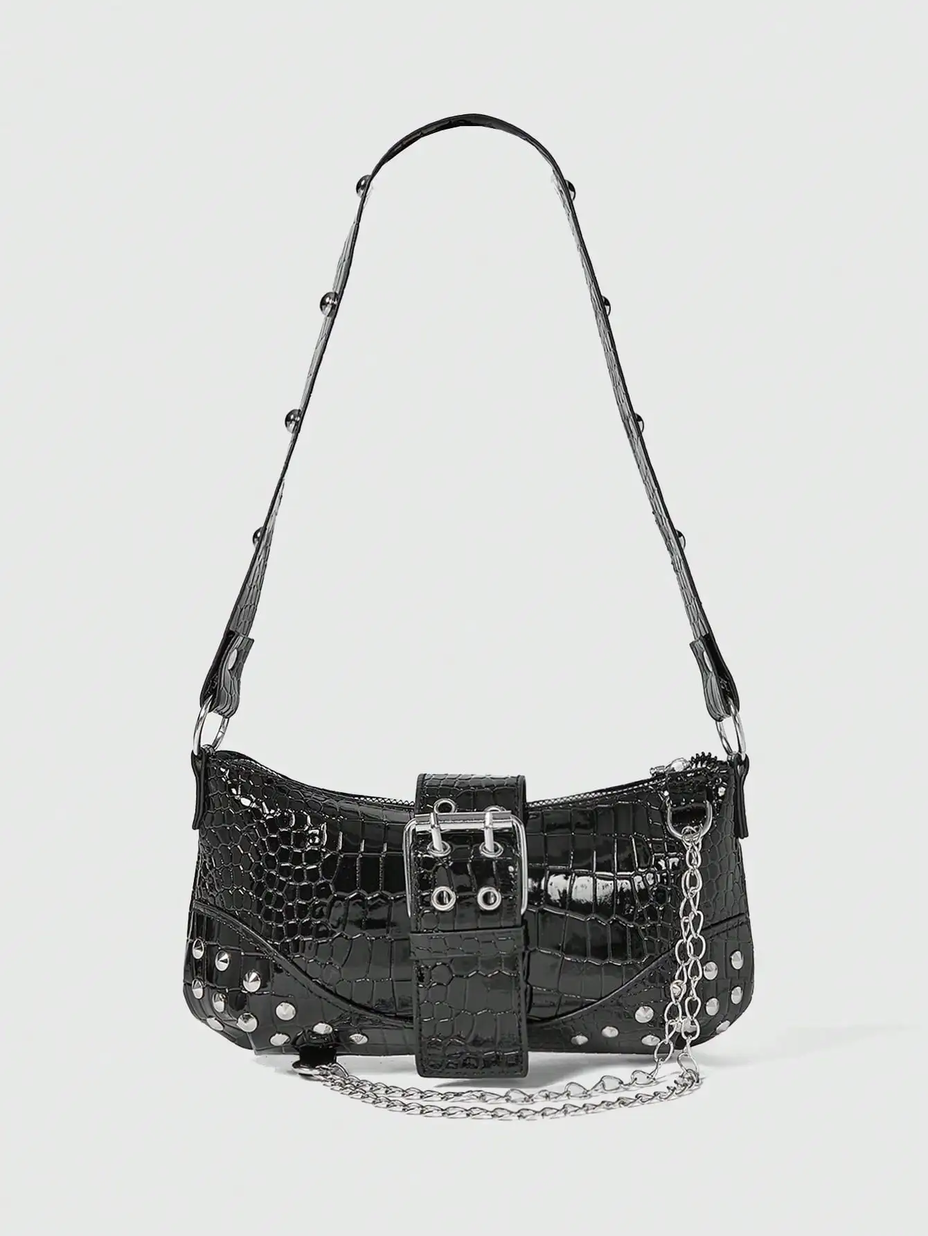 Черная сумка через плечо в стиле панк с тиснением под крокодила, с заклепками и цепочкой-ремешком
Черная сумка через плечо в стиле панк с тиснением под крокодила, с заклепками и цепочкой-ремешком