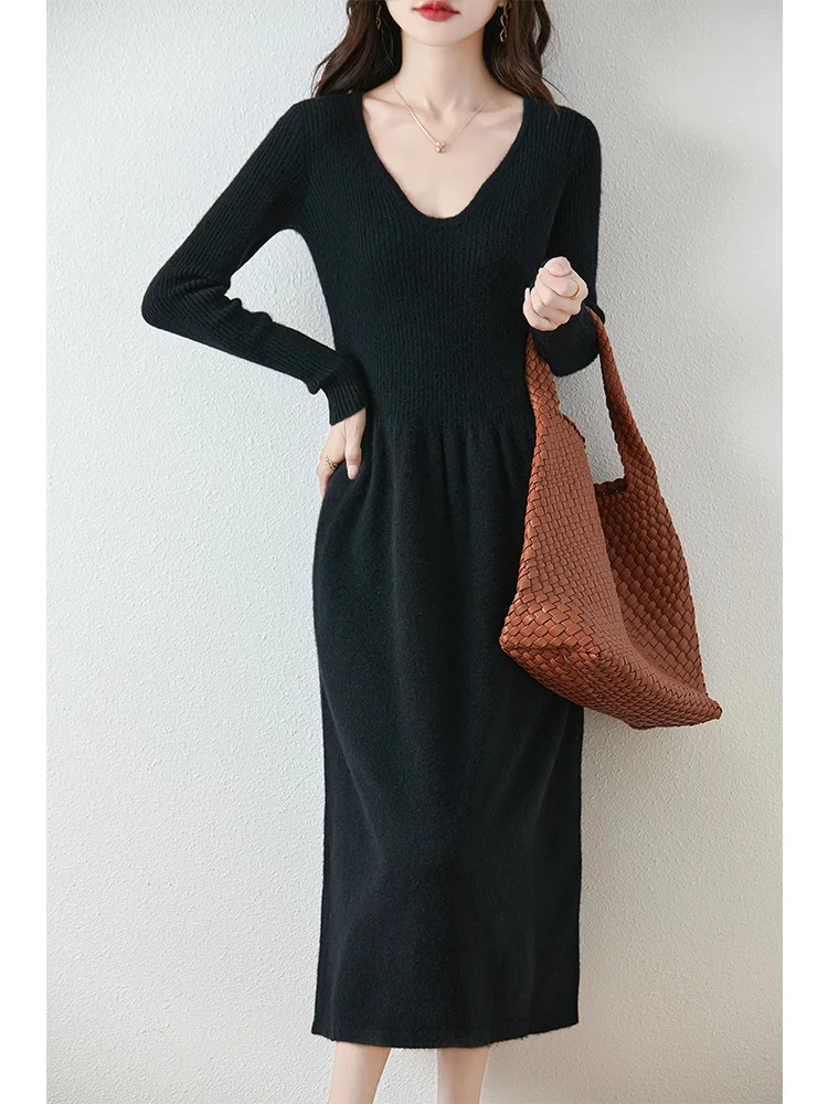 Autumn Winter Women Deep V-neck Sweater Dress 100% Merino Wool Knitted Fit-Flare Cashmere Skirt Long Sleeve Office Lady Pullover
Autumn Winter Women Deep V-neck Sweater Dress 100% Merino Wool Knitted Fit-Flare Cashmere Skirt Long Sleeve Office Lady Pullover