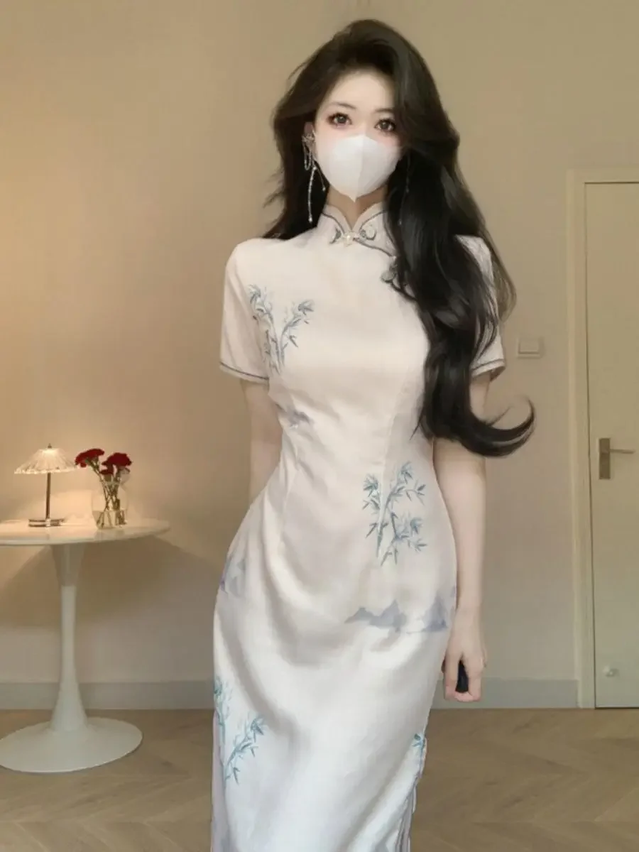 Women Beige Cheongsam Bamboo Printing Short Sleeve Vintage Dress Slim Elegant Long Qipao S To 2XL High Quality
Women Beige Cheongsam Bamboo Printing Short Sleeve Vintage Dress Slim Elegant Long Qipao S To 2XL High Quality