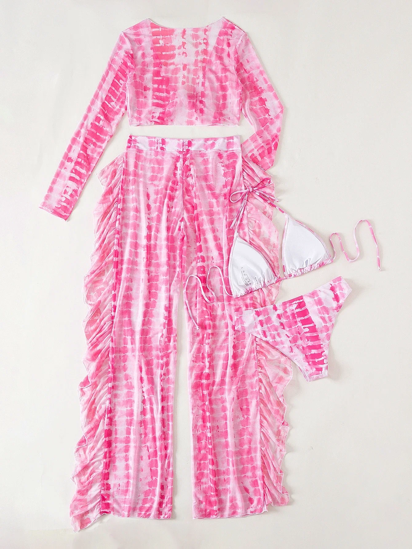 Pink Tie Dye 4 Piece Beach Set With Ruffle Pants And Triangle Bikini
Pink Tie Dye 4 Piece Beach Set With Ruffle Pants And Triangle Bikini