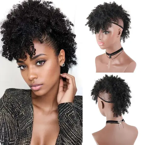 Synthetic Puff Afro Ponytail with Bangs Short Kinky Curly Ponytail Extension Mohawk Ponytail Wrap Updo Clip in Hair Extensions
