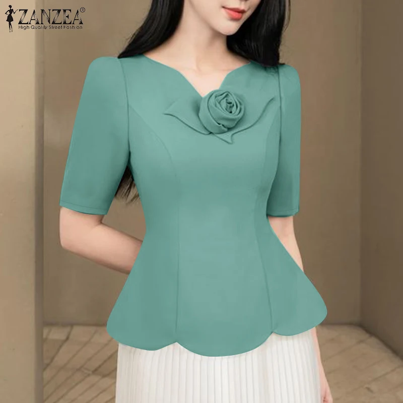 ZANZEA Woman Elegant Scalloped Hem Blouses 3D Flower V-Neck Short Sleeve Solid Color Short Tops Summer Slim-Fit Blusas de Mujer
ZANZEA Woman Elegant Scalloped Hem Blouses 3D Flower V-Neck Short Sleeve Solid Color Short Tops Summer Slim-Fit Blusas de Mujer