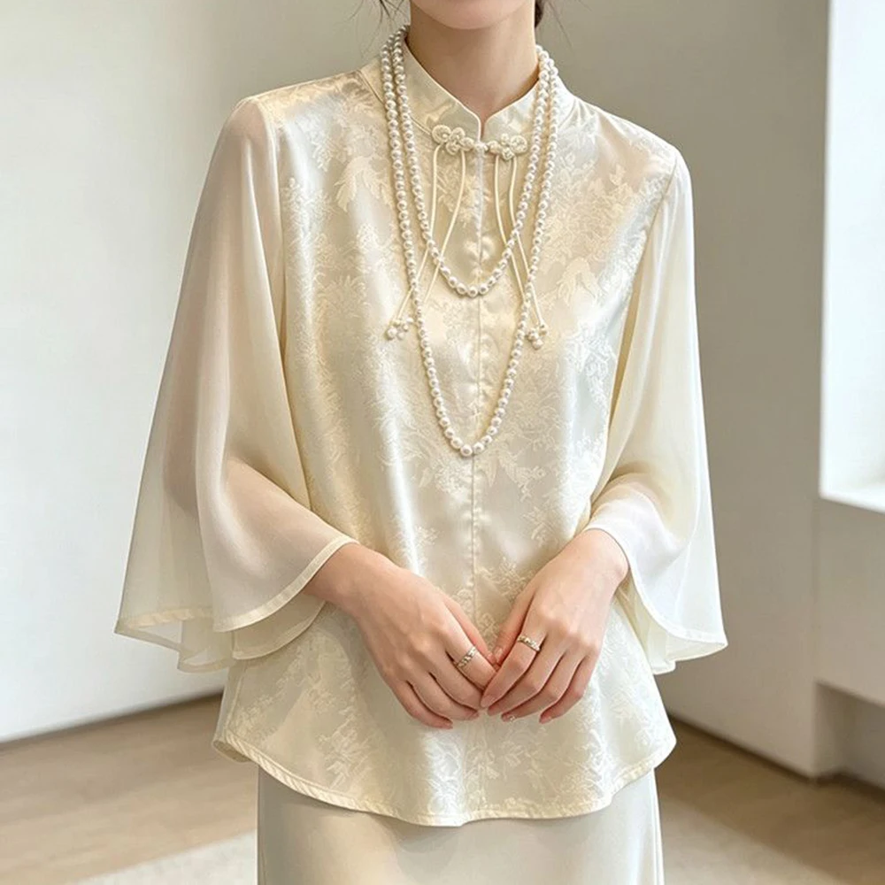 New Chinese style disc button top summer 2026 new antique Han element design chiffon sleeves shirt women
New Chinese style disc button top summer 2026 new antique Han element design chiffon sleeves shirt women
