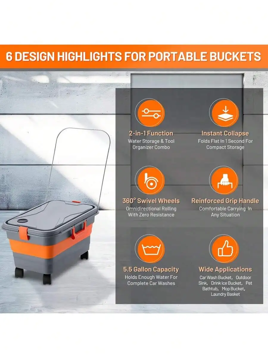 5.5 Gallon Collapsible Bucket With Wheels, Handle, Drain Plug For Car Wash, Camping, Pet Bathing, Laundry
5.5 Gallon Collapsible Bucket With Wheels, Handle, Drain Plug For Car Wash, Camping, Pet Bathing, Laundry
