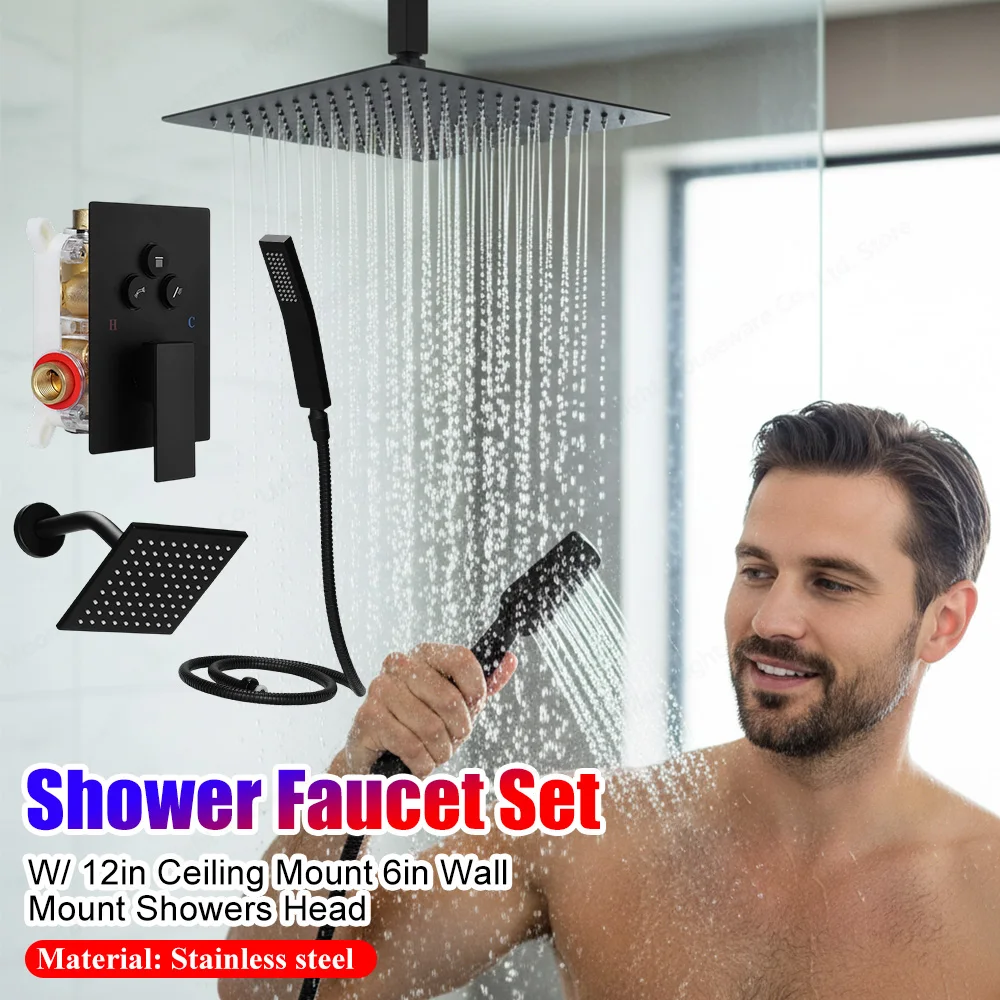 Shower Trim Kit W/ 12in Ceiling Mount 6in Wall Mount Showers Head Push Button Diverter with 2 in 1 Handheld for Bathroom
Shower Trim Kit W/ 12in Ceiling Mount 6in Wall Mount Showers Head Push Button Diverter with 2 in 1 Handheld for Bathroom
