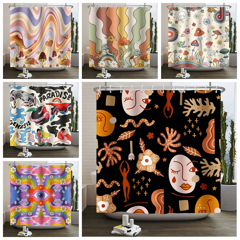 70s Retro Rainbow Shower Curtain Hippy Funky Cartoon Mushroom Floral Bathroom Curtain Polyester Waterproof Fabric Bathtub Screen
70s Retro Rainbow Shower Curtain Hippy Funky Cartoon Mushroom Floral Bathroom Curtain Polyester Waterproof Fabric Bathtub Screen