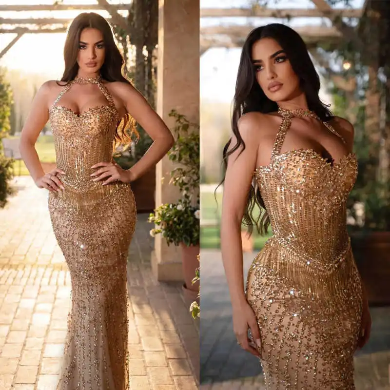 Sexy Halter Neck Mermaid Prom Dresses Sleeveless Floor Length Evening Dresses Crystals Special Occasion Party Customized
Sexy Halter Neck Mermaid Prom Dresses Sleeveless Floor Length Evening Dresses Crystals Special Occasion Party Customized