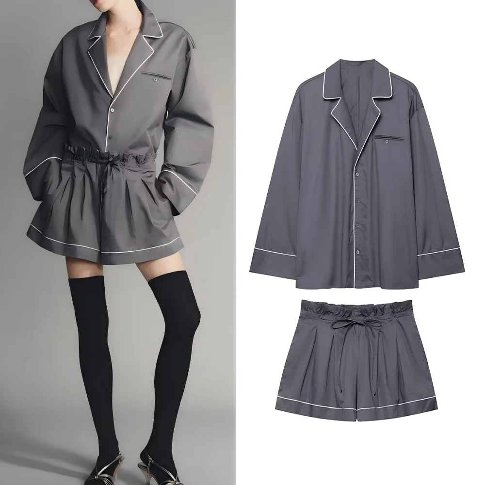 Women's new fashion edging decorative loose single breasted poplin shirt retro long sleeved women's shirt chic top+shorts suit
Women's new fashion edging decorative loose single breasted poplin shirt retro long sleeved women's shirt chic top+shorts suit