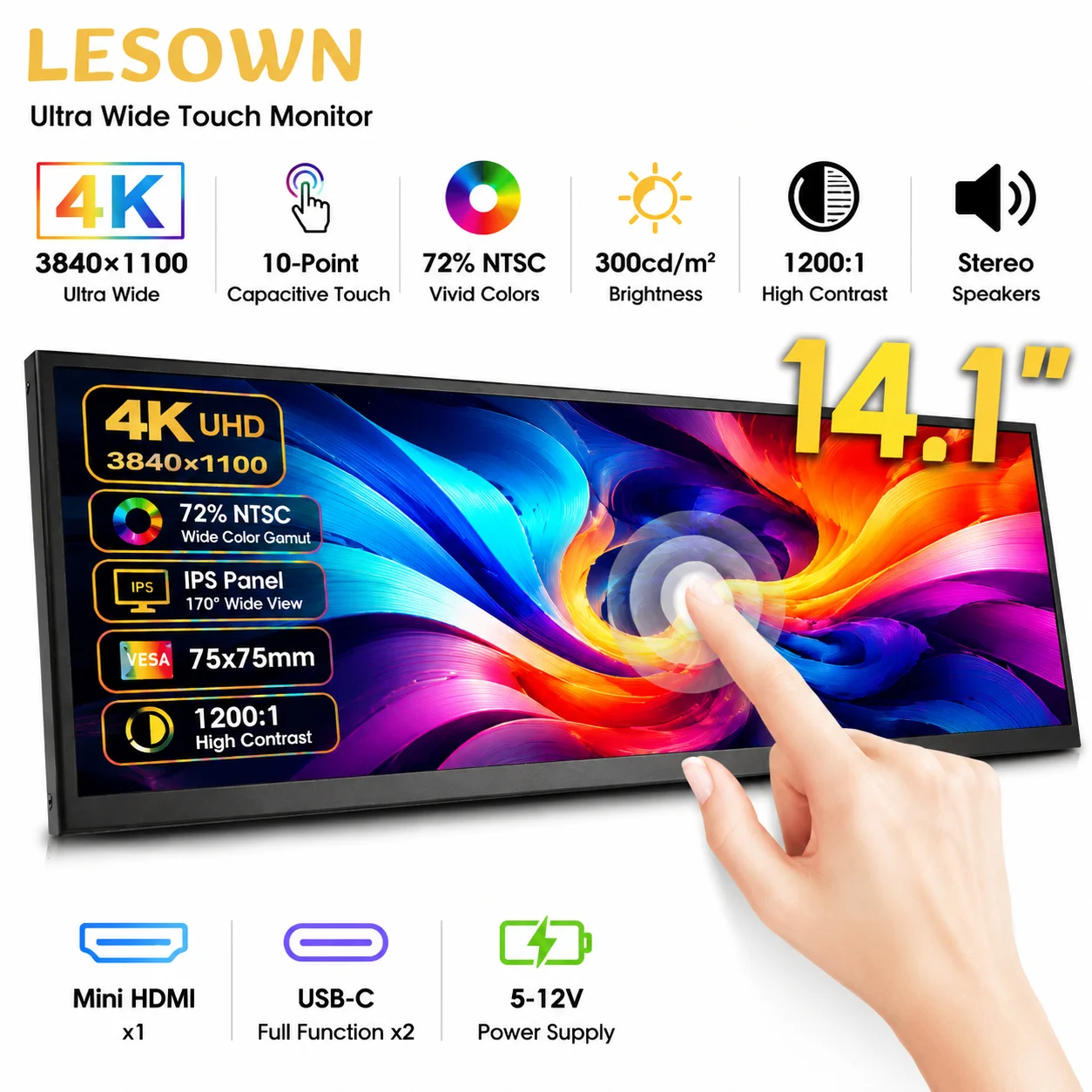 LESOWN 14.1 Inch Portable Monitor 3840x1100 IPS Touchscreen Driver-free Travel Display with Speakers for Laptop
LESOWN 14.1 Inch Portable Monitor 3840x1100 IPS Touchscreen Driver-free Travel Display with Speakers for Laptop