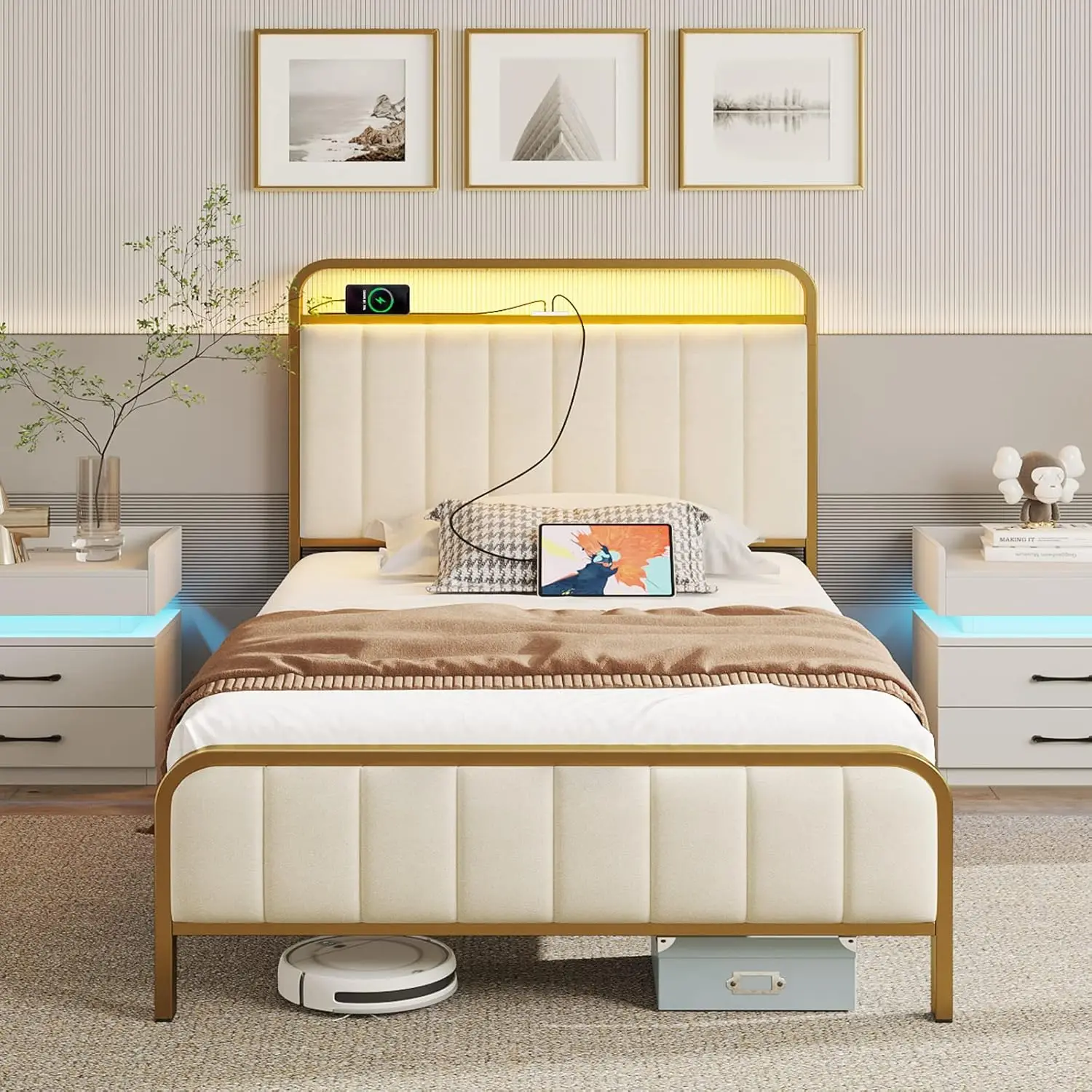 Twin Size Bed Frame with LED Light and Charging Station, Upholstered Headboard and Footboard, Metal Slat, Golden
Twin Size Bed Frame with LED Light and Charging Station, Upholstered Headboard and Footboard, Metal Slat, Golden