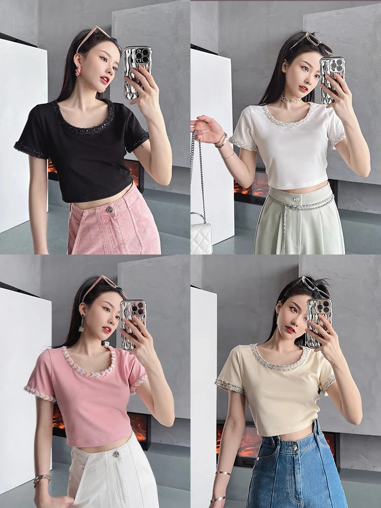 Comfortable T- Shirt by SVLI with Lace Edging Knitted in Double-sided Fabric for Women's Commute Style Short Sleeve Standard Fit
Comfortable T- Shirt by SVLI with Lace Edging Knitted in Double-sided Fabric for Women's Commute Style Short Sleeve Standard Fit