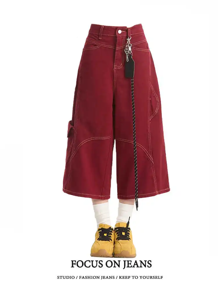 Summer Red Washed Loose Multi-pocket Denim Cropped Pants Women High Street Y2K Vintage Baggy Jean Oversized Jorts Shorts
Summer Red Washed Loose Multi-pocket Denim Cropped Pants Women High Street Y2K Vintage Baggy Jean Oversized Jorts Shorts
