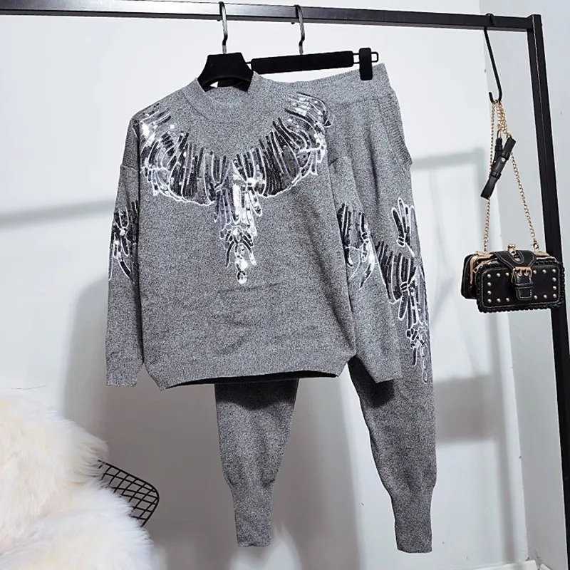 Sequins Embroidery Knitted Tracksuits Women Outfits Autumn Loose Black Gray Pullover Sweater Pencil Pants Two Piece Set Female
Sequins Embroidery Knitted Tracksuits Women Outfits Autumn Loose Black Gray Pullover Sweater Pencil Pants Two Piece Set Female