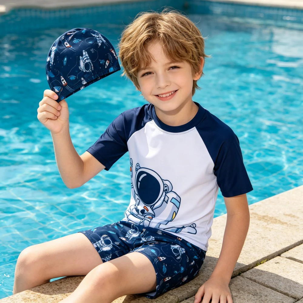 3Pcs Kids Swimwear Set Boys Short Sleeve Rash Guard Swim Shirt + Shorts + Cap Astronaut Shark Print Children Beachwear
3Pcs Kids Swimwear Set Boys Short Sleeve Rash Guard Swim Shirt + Shorts + Cap Astronaut Shark Print Children Beachwear