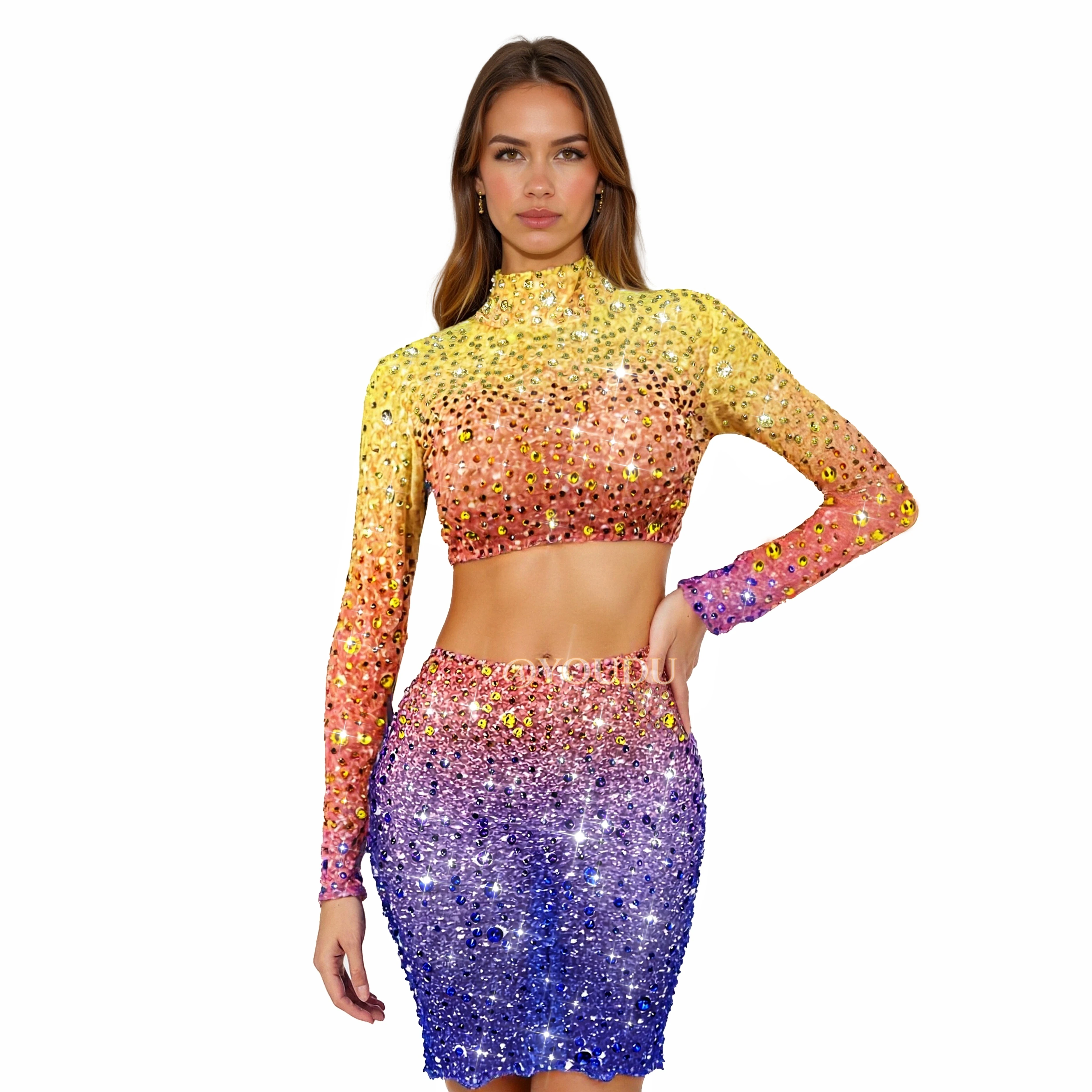 Gradient Color Sparkly Rhinestones Top Skirt Hollow waist Split set Daily Party Celebrate Show Outfit Stage Costume Xingcaijing
Gradient Color Sparkly Rhinestones Top Skirt Hollow waist Split set Daily Party Celebrate Show Outfit Stage Costume Xingcaijing