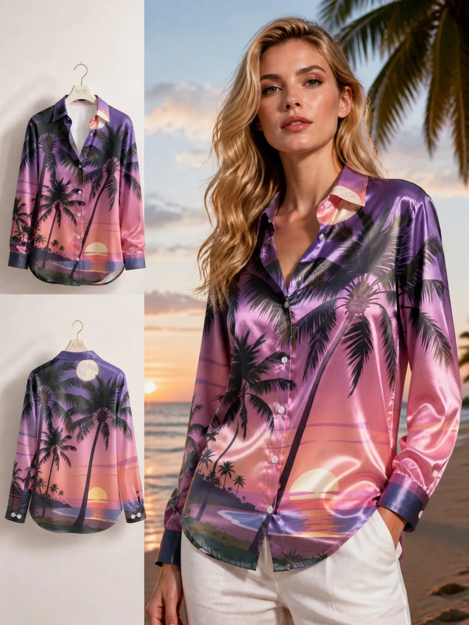 Purple Sunset Palm Tree Satin Blouse for Women Long Sleeve Button Down Shirt Beach Vacation Resort Elegant Silky Top Shiny Style
Purple Sunset Palm Tree Satin Blouse for Women Long Sleeve Button Down Shirt Beach Vacation Resort Elegant Silky Top Shiny Style
