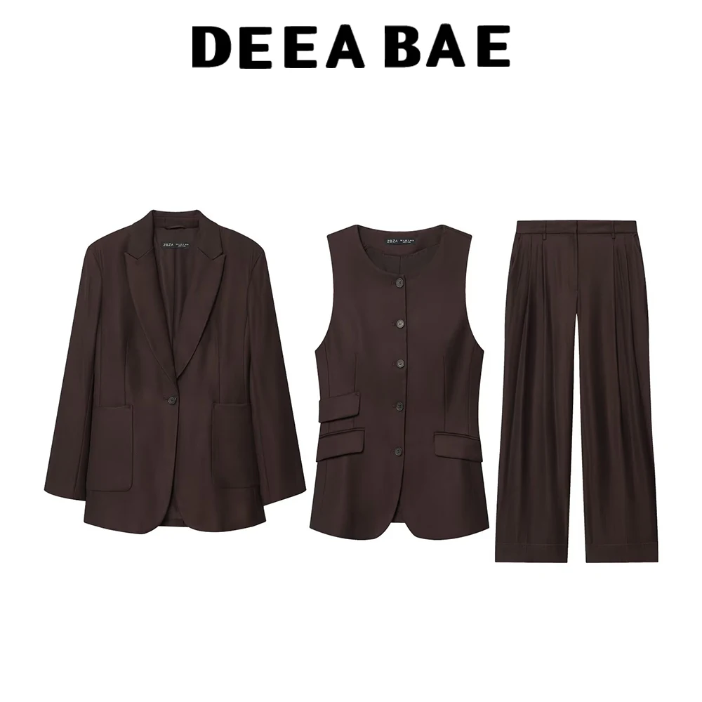 DEEABAE женский костюм на осень и зиму 2025, минималистичный повседневный свободный силуэт, куртка, длинные брюки, жилет, комплект из трех предметов 
DEEABAE женский костюм на осень и зиму 2025, минималистичный повседневный свободный силуэт, куртка, длинные брюки, жилет, комплект из трех предметов