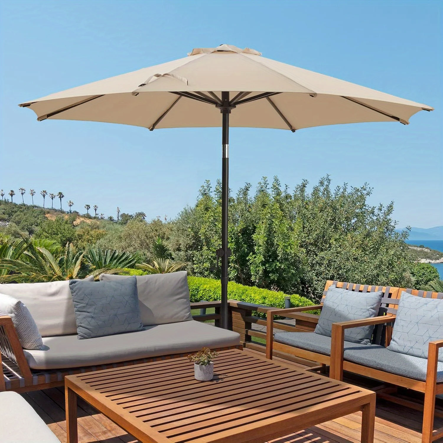 7.5/9/10/15 FT Outdoor Patio Umbrellas Market Umbrella with Push Button Tilt/Crank, 8 Durable Ribs, Fade Resistant And Waterproof for Garden, Lawn, Deck, Backyard, And Pool
7.5/9/10/15 FT Outdoor Patio Umbrellas Market Umbrella with Push Button Tilt/Crank, 8 Durable Ribs, Fade Resistant And Waterproof for Garden, Lawn, Deck, Backyard, And Pool