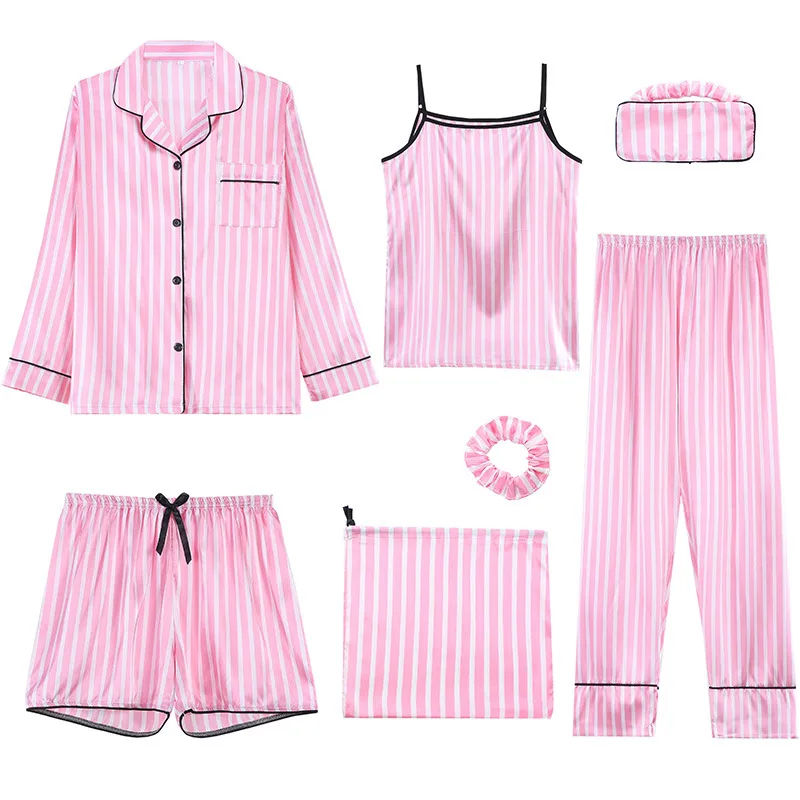 7-Piece Set of Heart-Shaped Printed Silk Satin Pajamas Button Up Top+Vest+Pants+Shorts Home Sleepwear with Eye Mask and Headband
7-Piece Set of Heart-Shaped Printed Silk Satin Pajamas Button Up Top+Vest+Pants+Shorts Home Sleepwear with Eye Mask and Headband