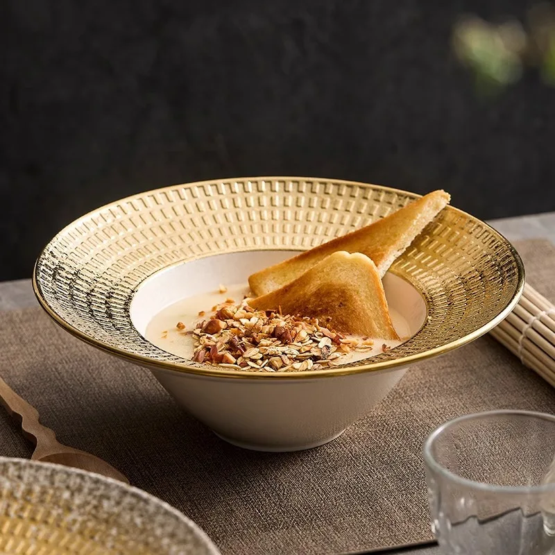 Premium Ceramic Salad Bowl Golden Grid High-end Tableware Restaurant Commercial Concept Straw Hat Bowl Nordic Style Deep Plate
Premium Ceramic Salad Bowl Golden Grid High-end Tableware Restaurant Commercial Concept Straw Hat Bowl Nordic Style Deep Plate