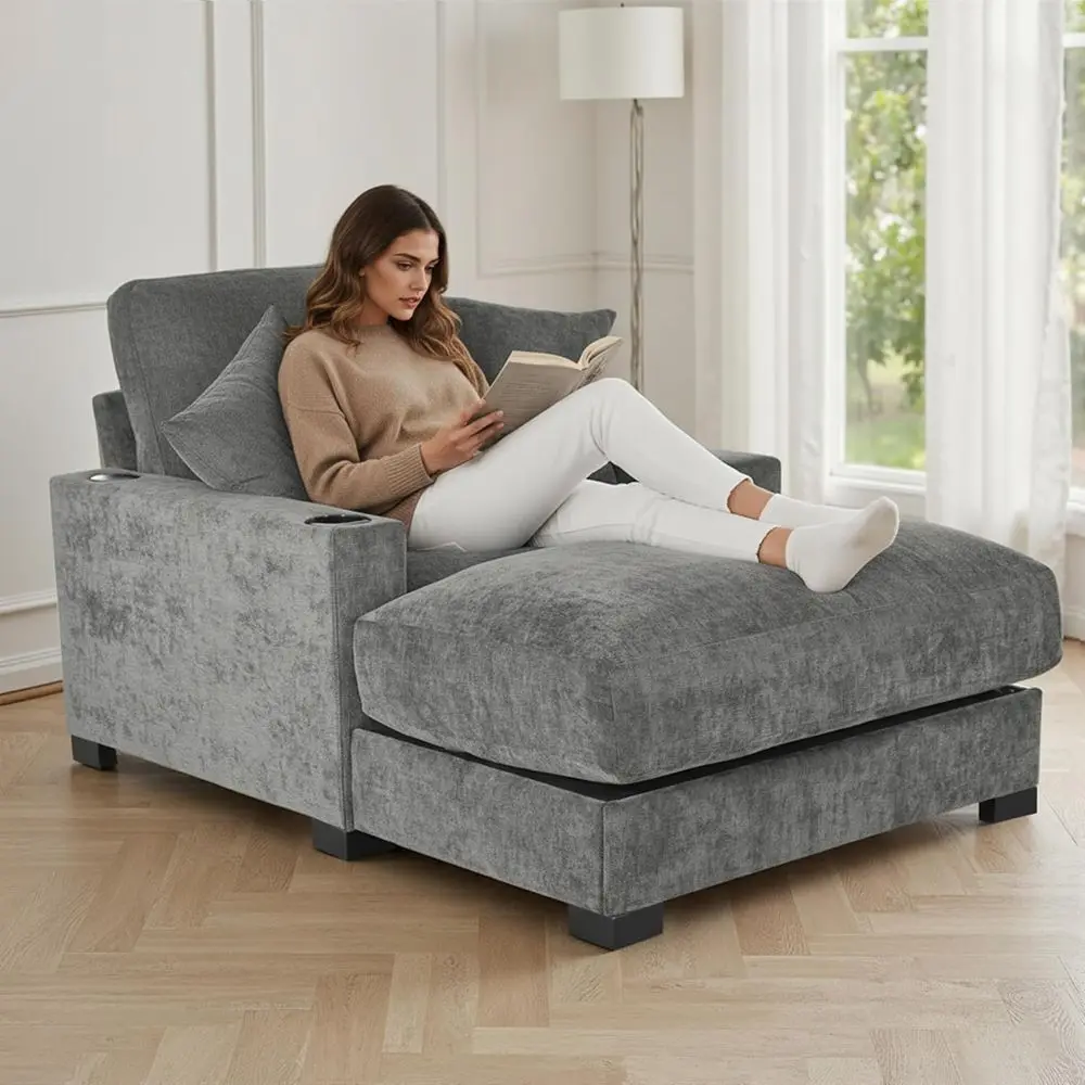 Indoor 41 Comfy Reading Chaise Lounge with Pillows, USB, Cup Holder, Adjustable Backrest, Grey Polyester
Indoor 41 Comfy Reading Chaise Lounge with Pillows, USB, Cup Holder, Adjustable Backrest, Grey Polyester